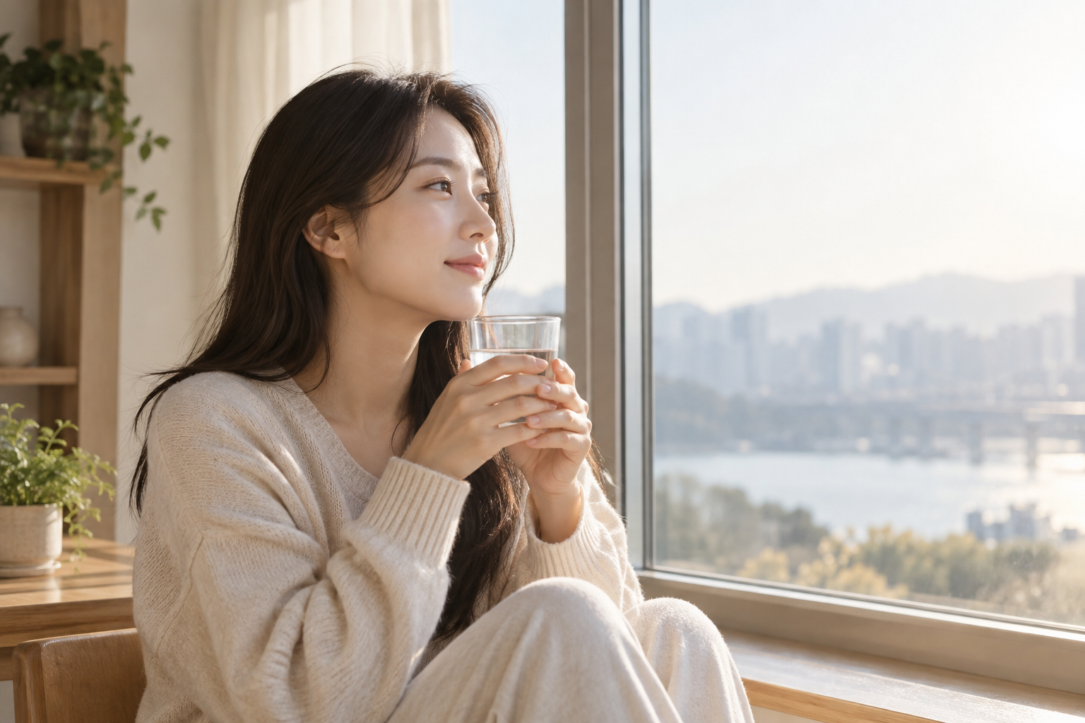 창가에서 물을 마시며 장 건강에 대해 생각하는 모습