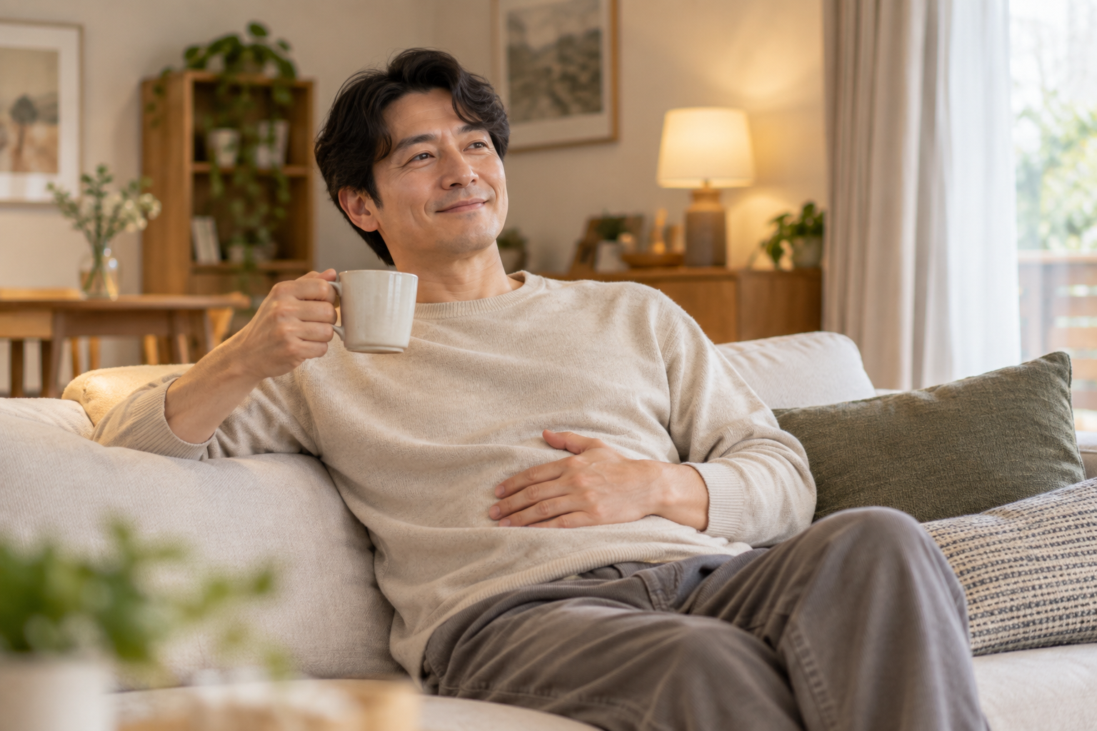 편안하게 차를 마시며 몸을 쉬게 하는 사람의 모습